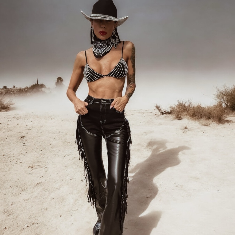 Western cowgirl chaps jeans, fringe denim, festival fringe pants - Picture 6 of 11